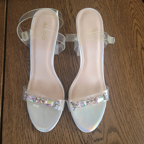 Aldo Clear High Block Heel Ankle Strap Sandals with Rhinestones Details.… - Picture 1 of 5